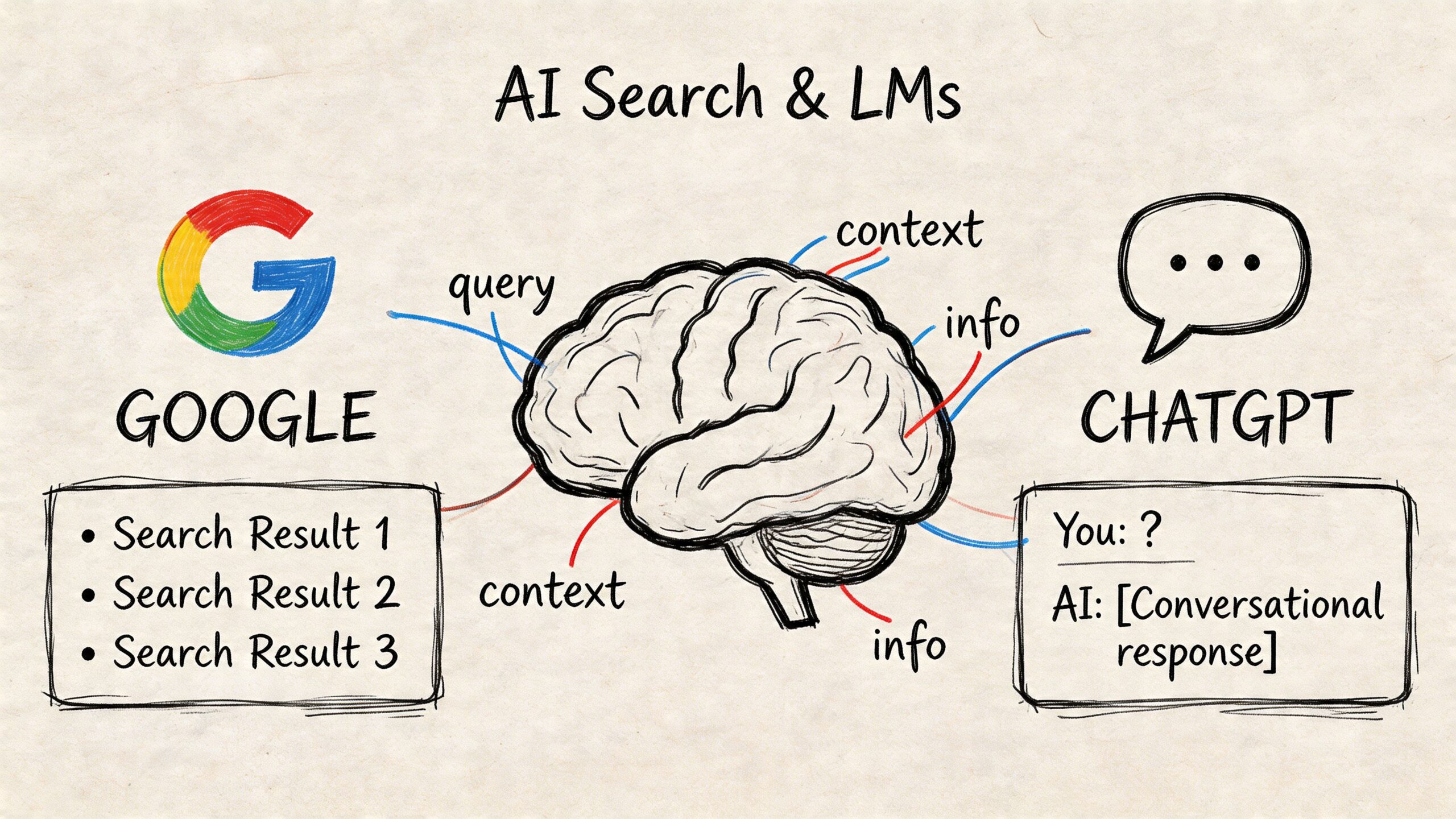 A hand-drawn illustration showing the functional differences between Google search and ChatGPT language models.