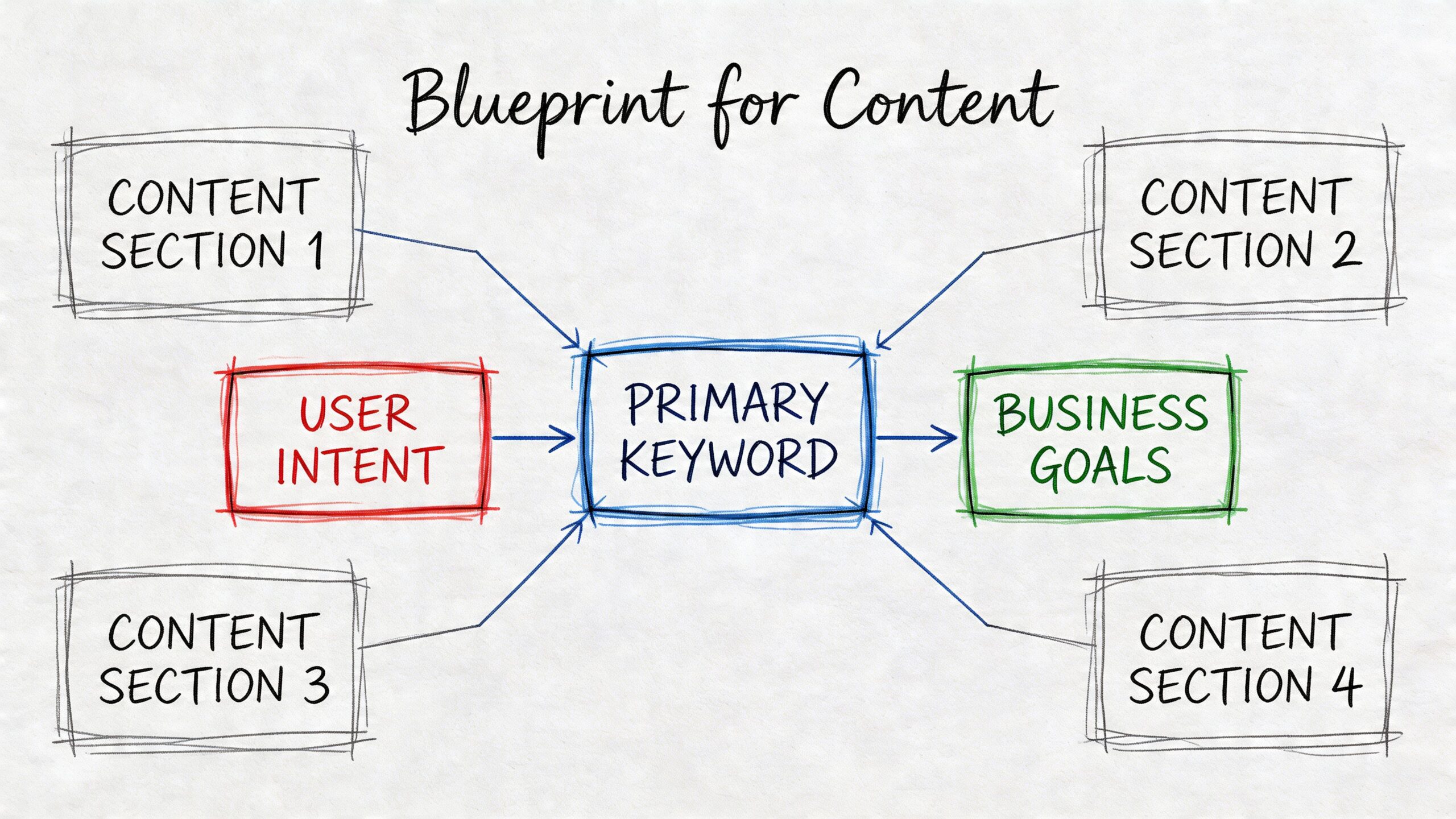 A diagram illustrating a blueprint for content creation, highlighting keywords, user intent, and business goals.