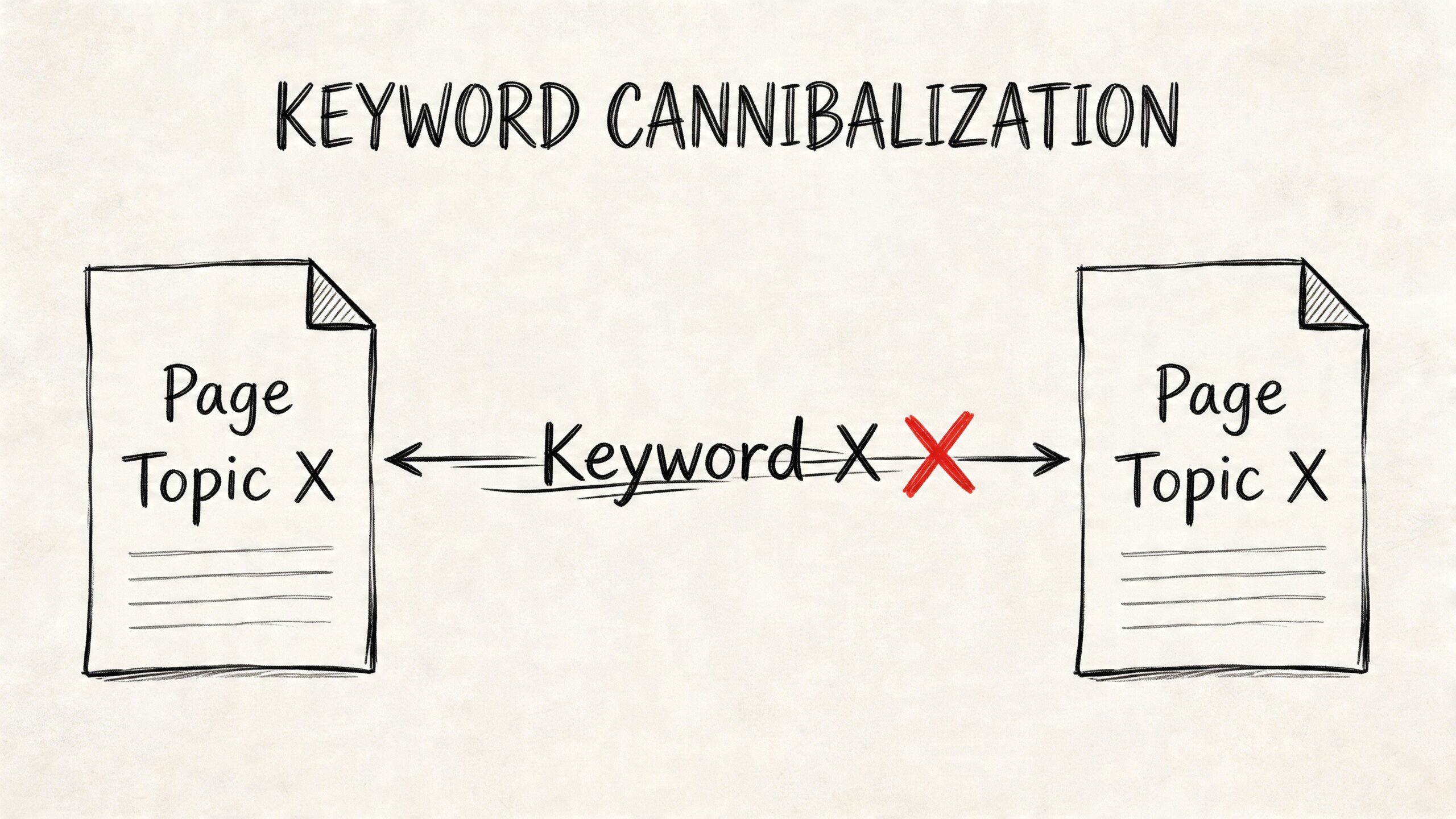 A hand-drawn illustration depicting keyword cannibalization with two pages competing for the same search term.