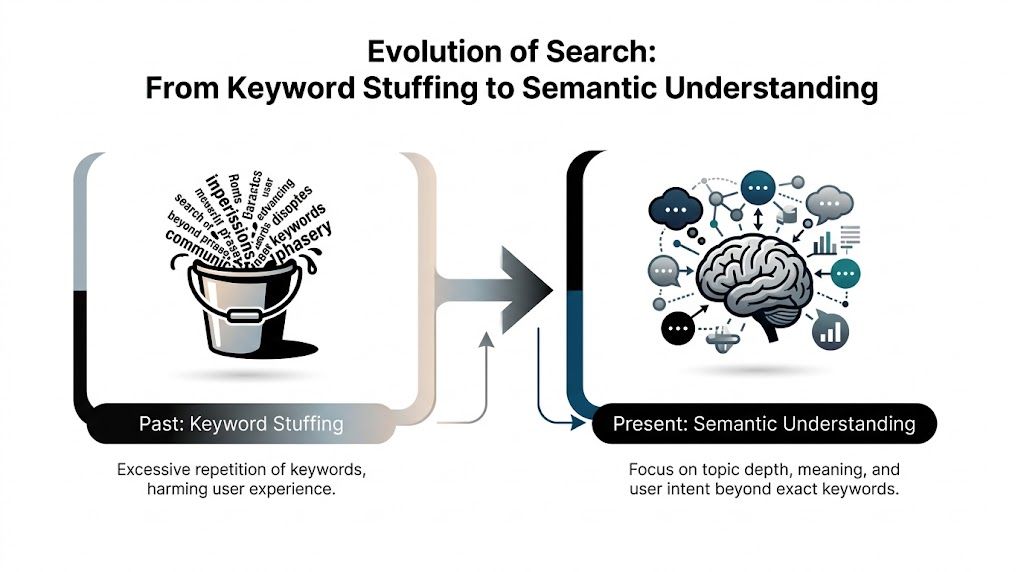 A diagram comparing past keyword stuffing practices to modern semantic search understanding for better content strategy.