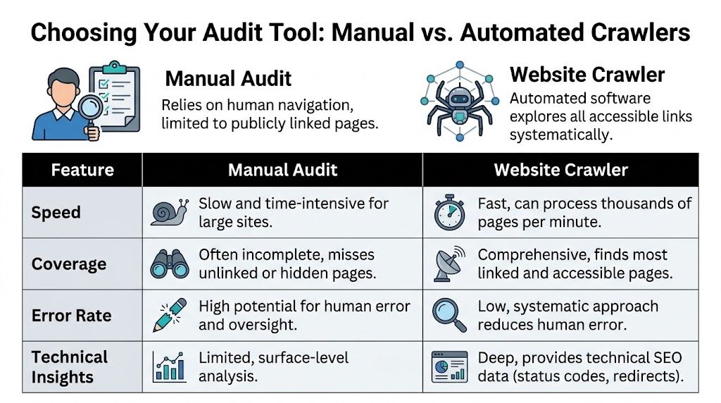 A comparison table outlining the differences between manual website auditing and automated web crawler software tools.