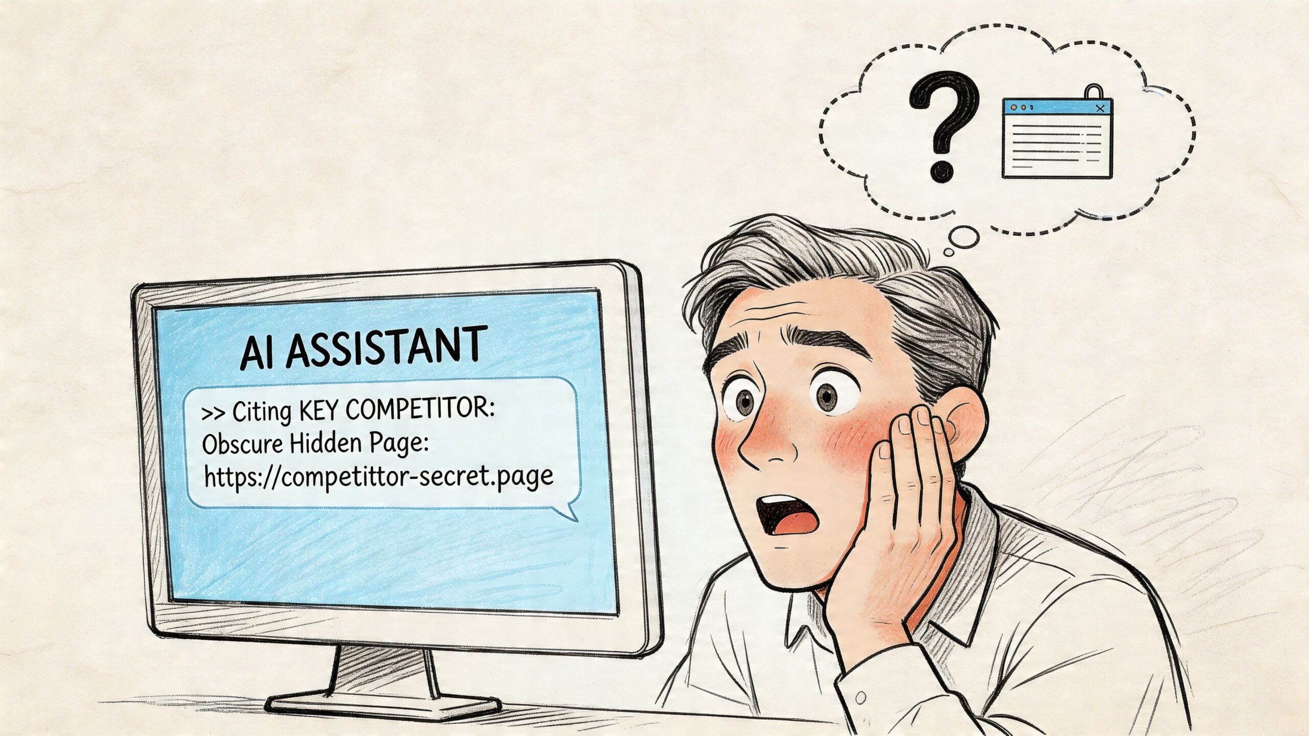 A shocked person looking at a computer screen showing a secret competitor web page citation.