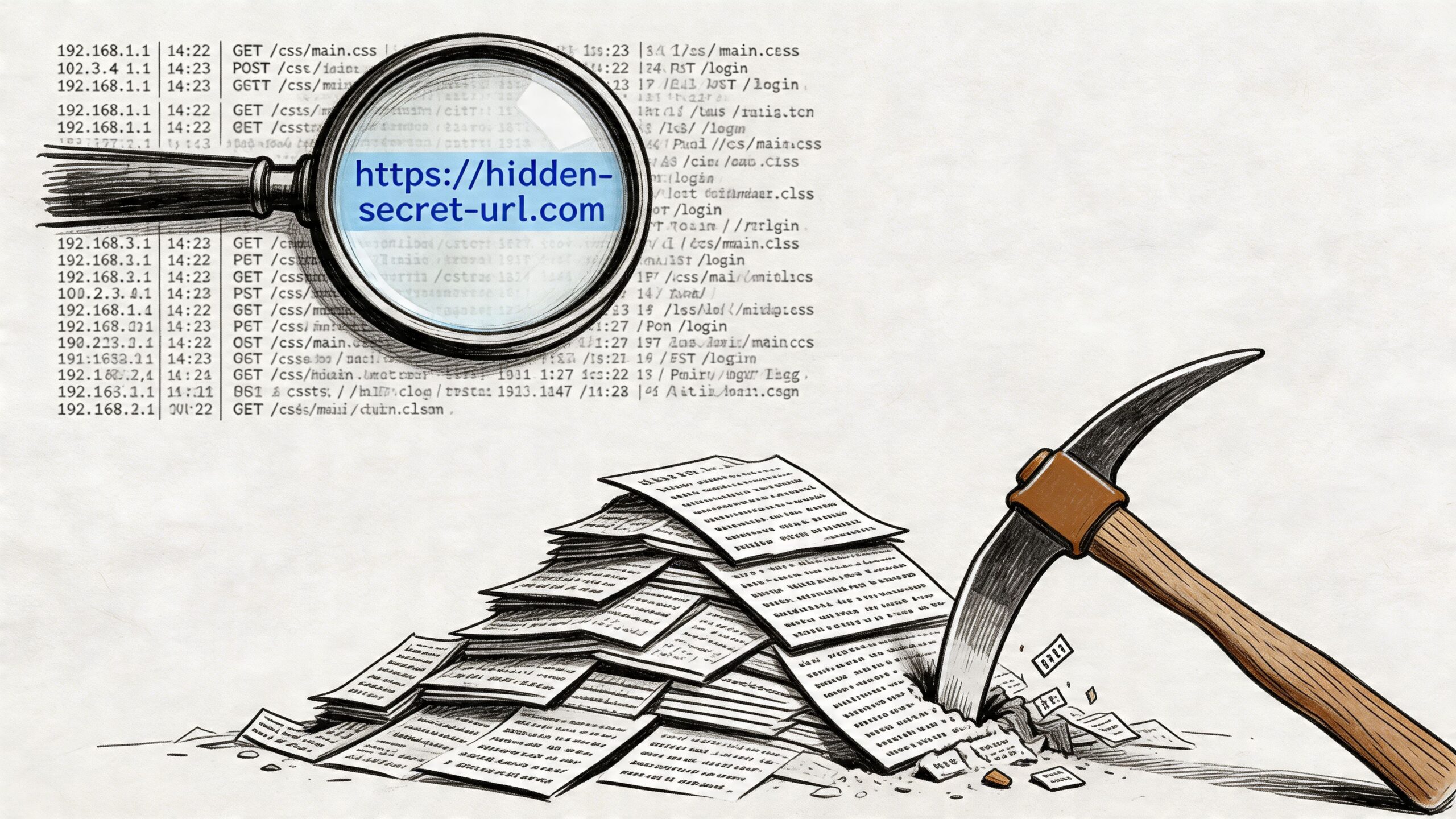 A magnifying glass reveals a hidden URL amidst computer logs, with a pickaxe excavating stacks of documents.