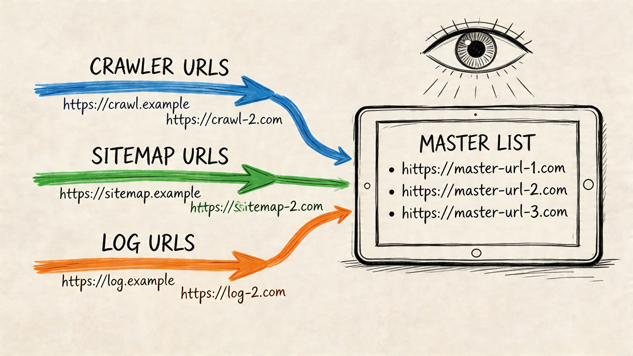 A diagram illustrating the consolidation of crawl, sitemap, and log URLs into a single master website list.