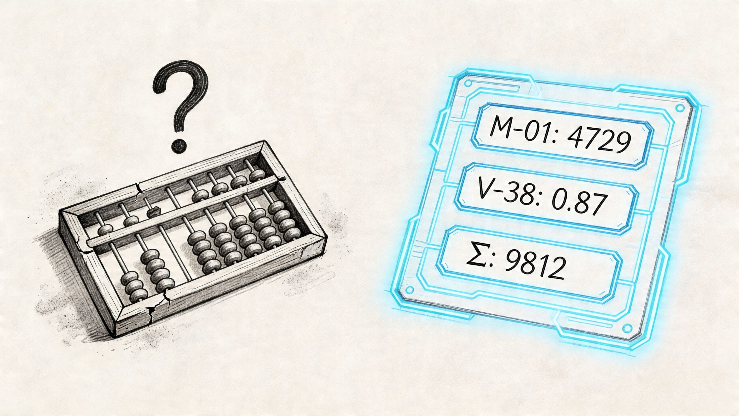 A conceptual illustration comparing a traditional wooden abacus with a futuristic glowing digital data interface display.