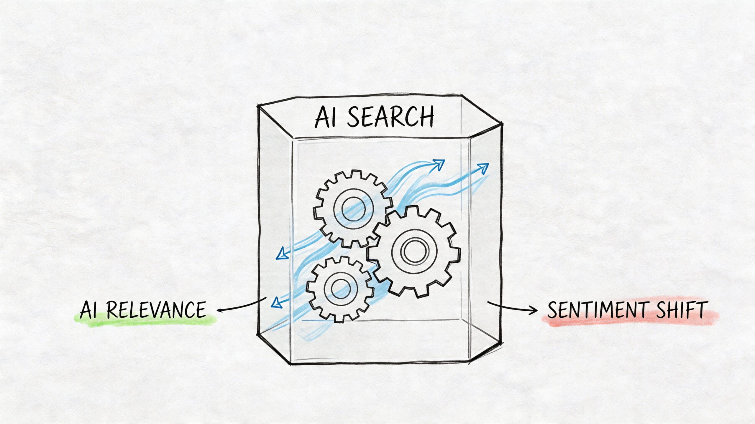 A conceptual diagram showing AI search processes influencing AI relevance and sentiment shift through mechanical gears.