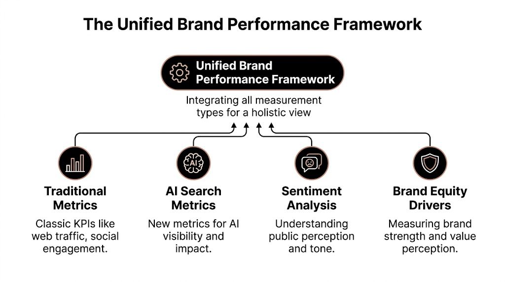 A diagram illustrating the Unified Brand Performance Framework, integrating traditional, AI, sentiment, and brand equity metrics.