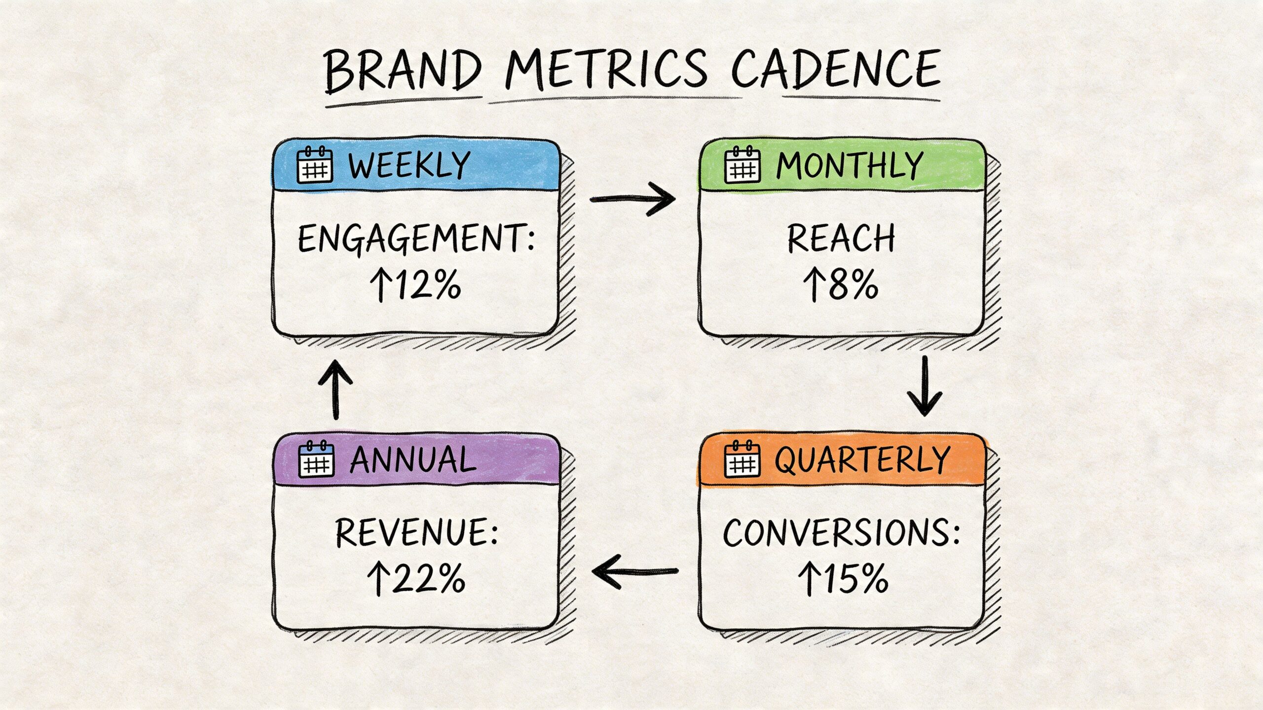 A diagram illustrating a business brand metrics cycle with weekly, monthly, quarterly, and annual performance indicators.