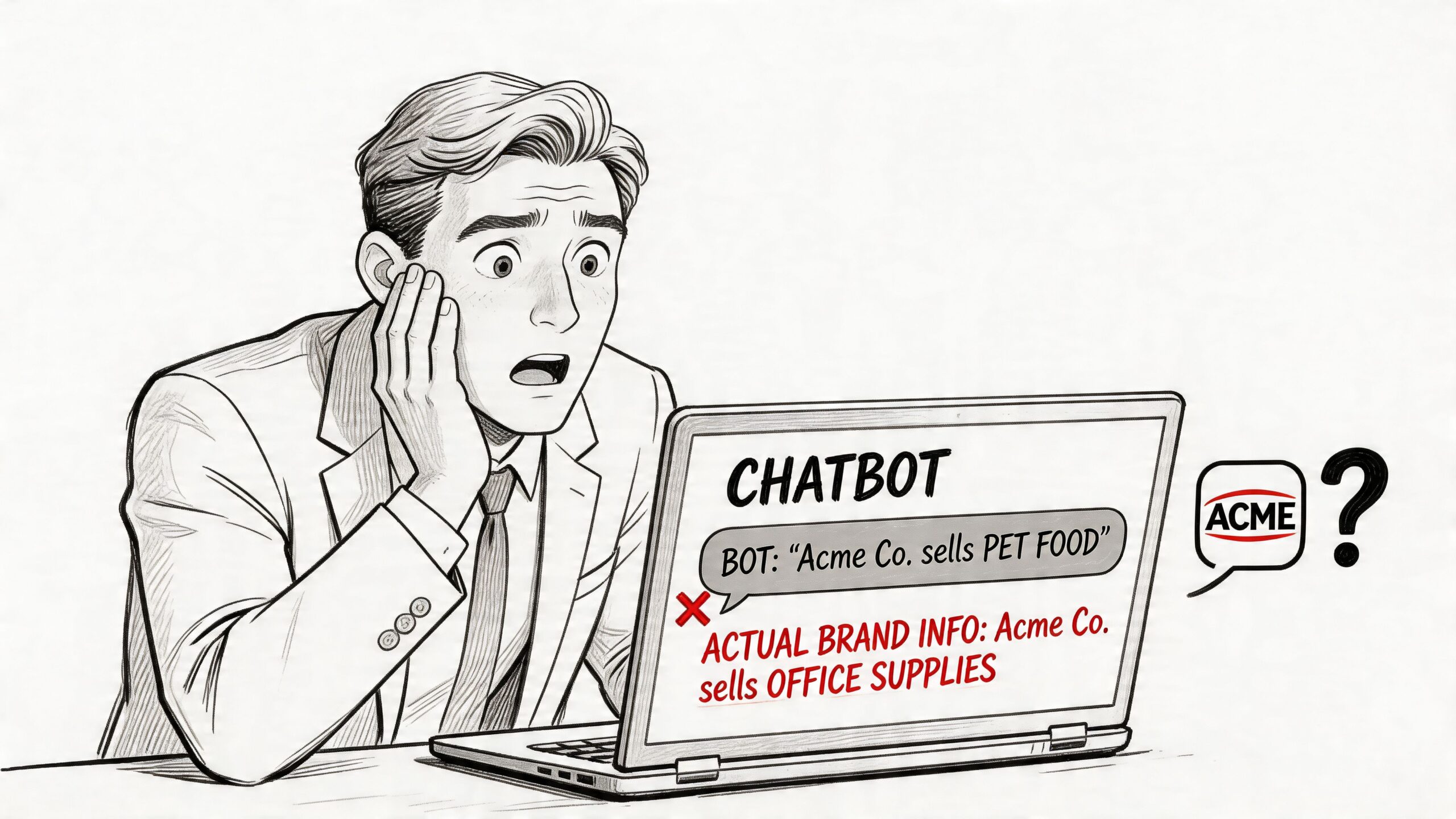 A surprised man looking at a laptop screen showing a chatbot providing incorrect information about a company's business.