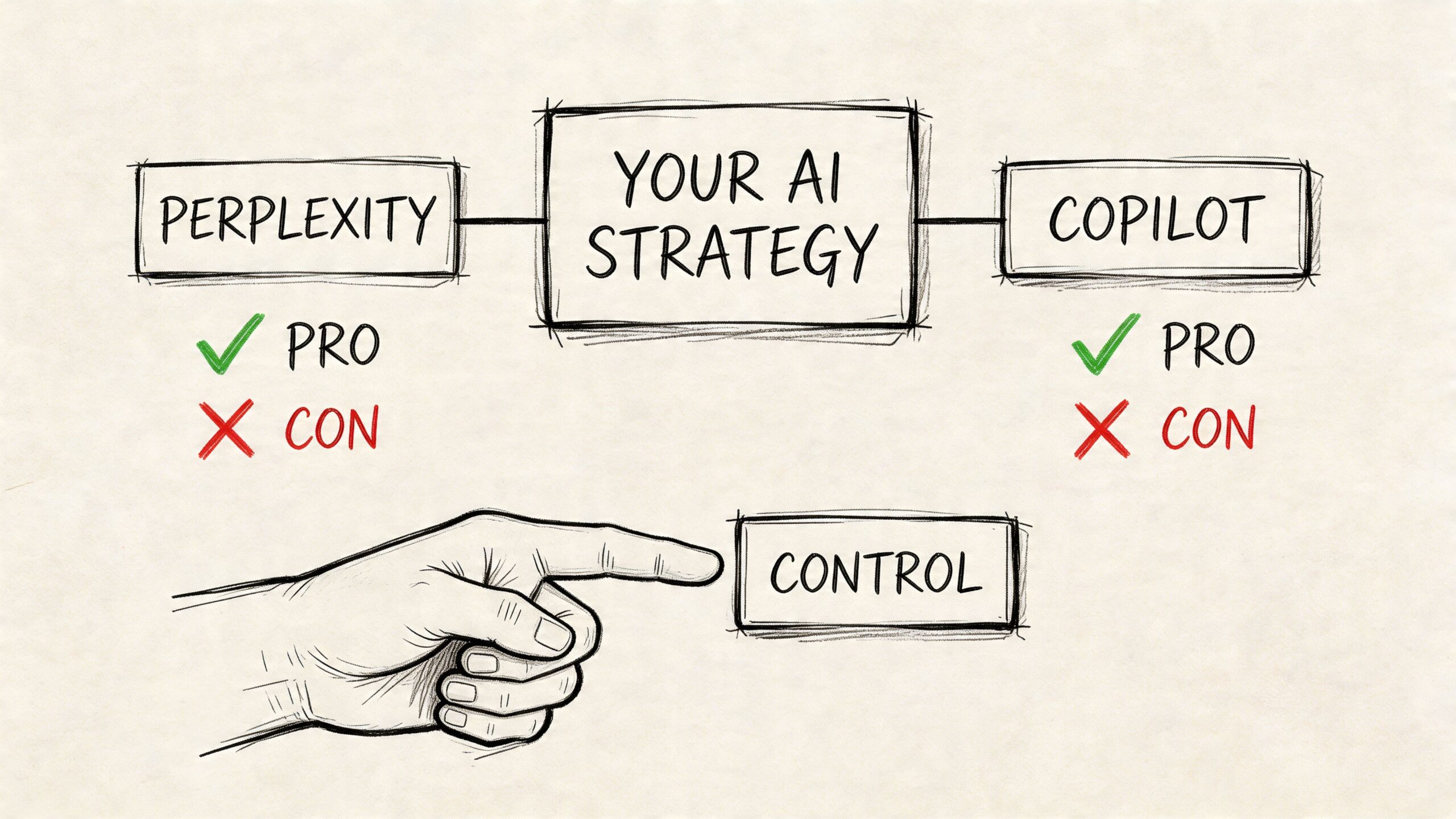 A hand-drawn illustration showing a choice between Perplexity and Copilot under an AI strategy concept.