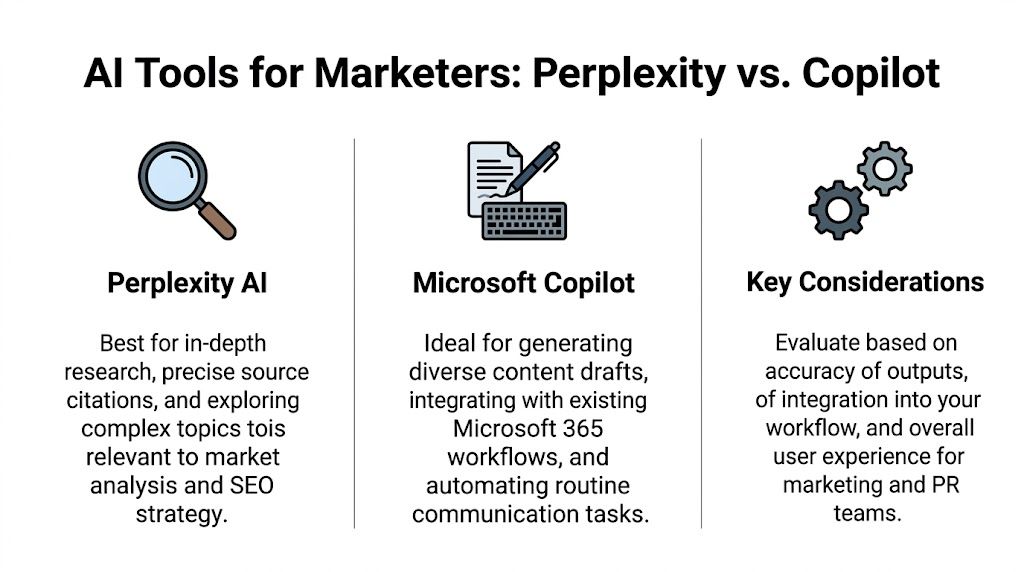 A comparison chart outlining the key differences between Perplexity AI and Microsoft Copilot for marketing professionals.