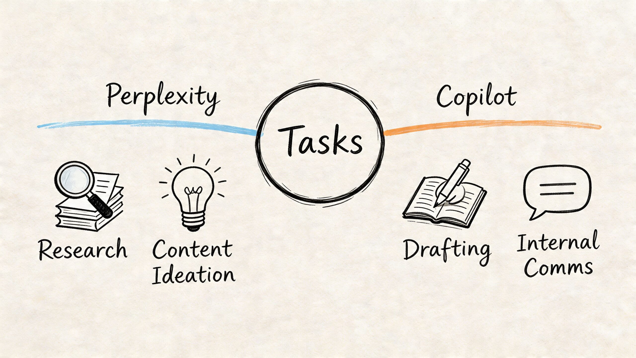 A diagram comparing Perplexity for research and ideation with Copilot for writing and communication tasks.