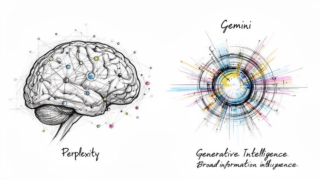 A conceptual comparison between a sketched human brain for Perplexity and an abstract circular design for Gemini.