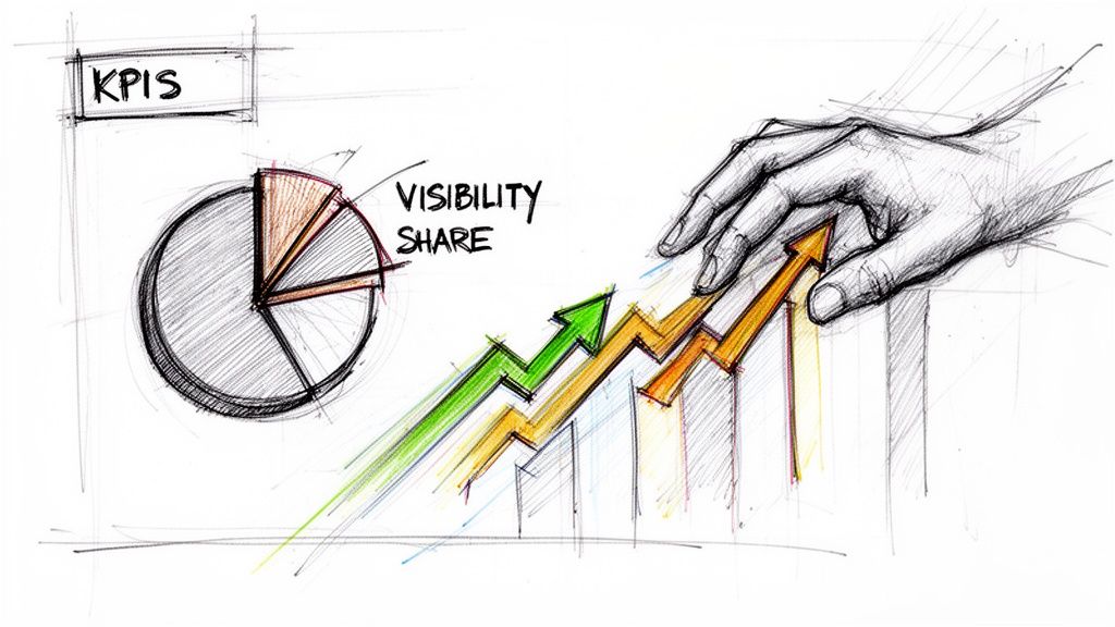 A hand-drawn illustration showing a pie chart and an upward trending bar chart representing business growth metrics.