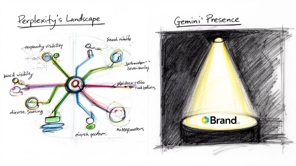 A hand-drawn comparison sketch illustrating Perplexity's interconnected search landscape versus Gemini's focused spotlight brand presence.