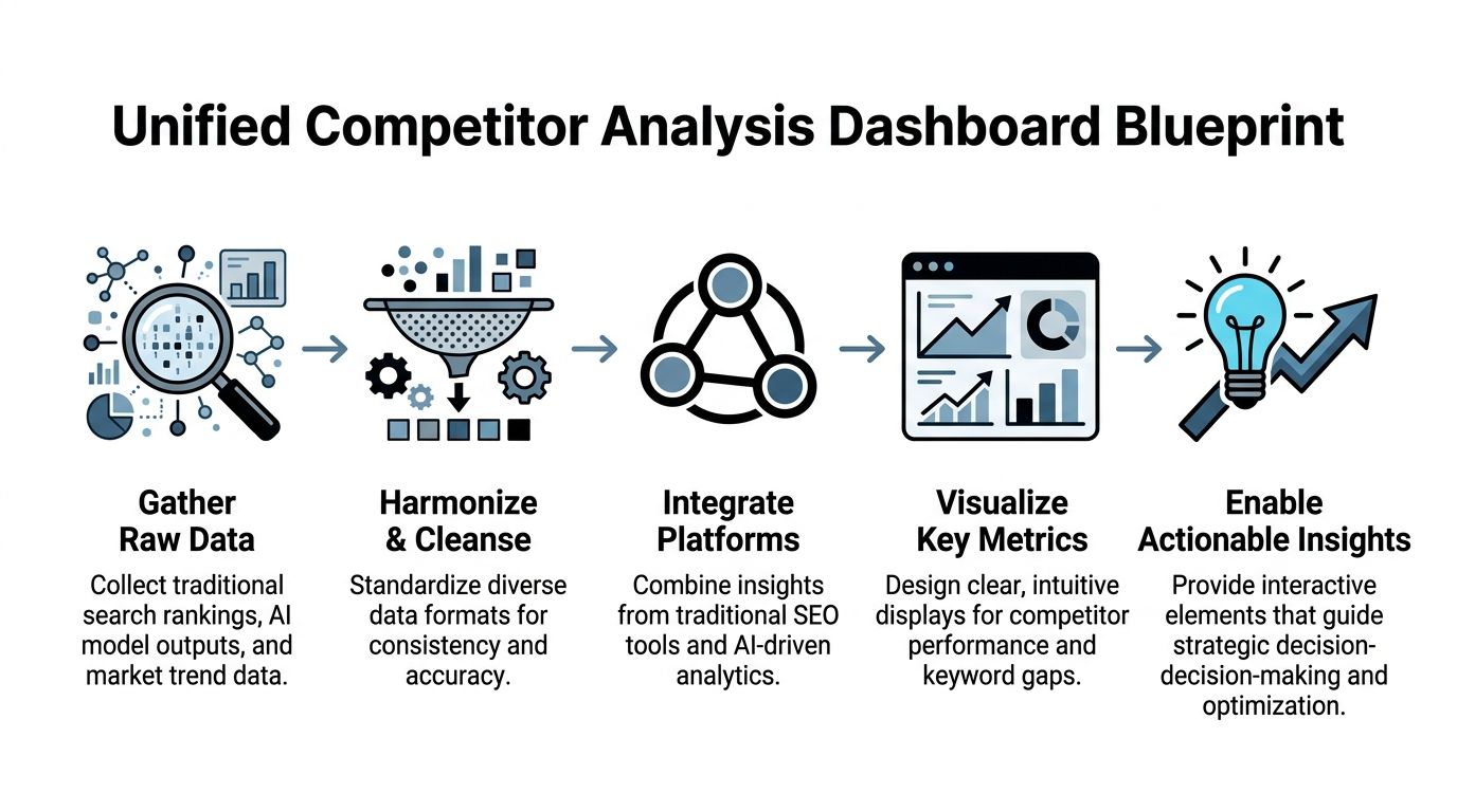 A five-step process diagram illustrating a unified competitor analysis dashboard blueprint from data collection to insights.