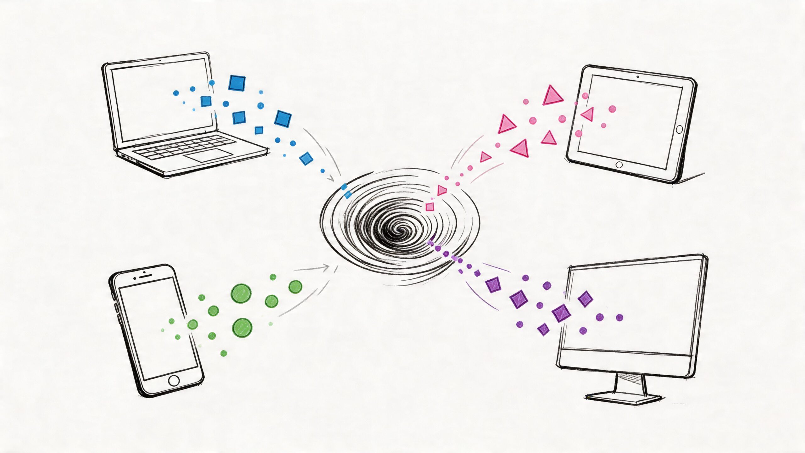 A conceptual sketch showing four different digital devices connected to a central data vortex or hub.