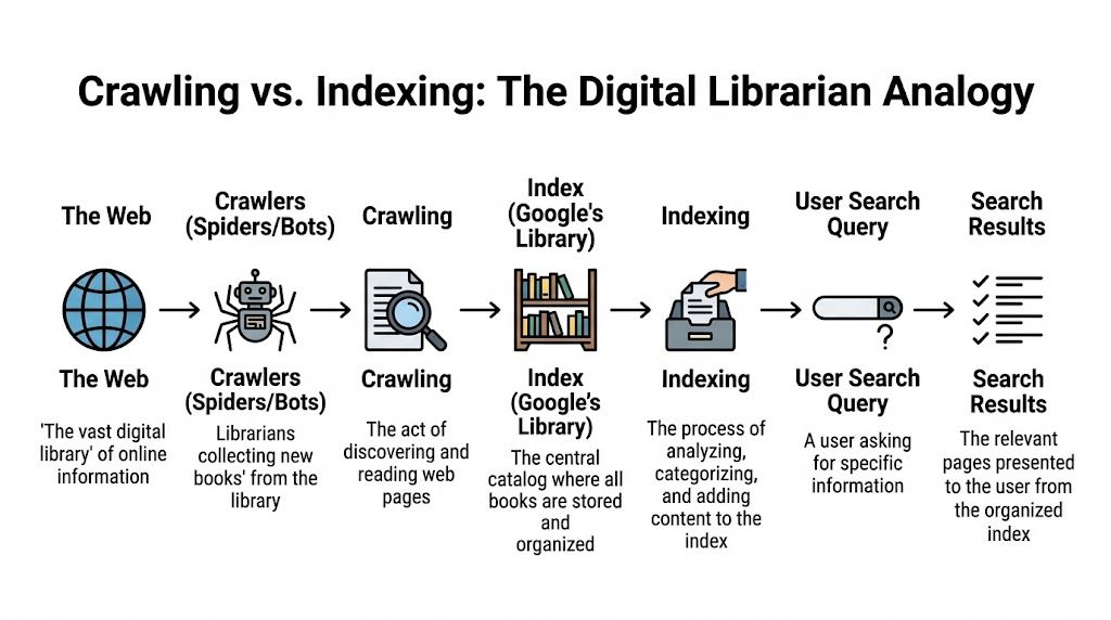 An infographic explaining web crawling and indexing using a digital librarian analogy with descriptive text labels.