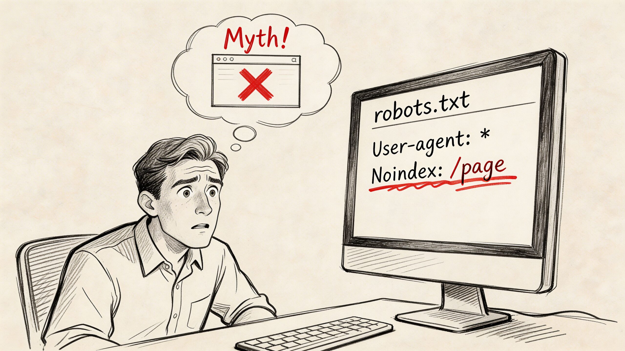 A concerned person looks at a computer screen showing the incorrect use of noindex in robots.txt.