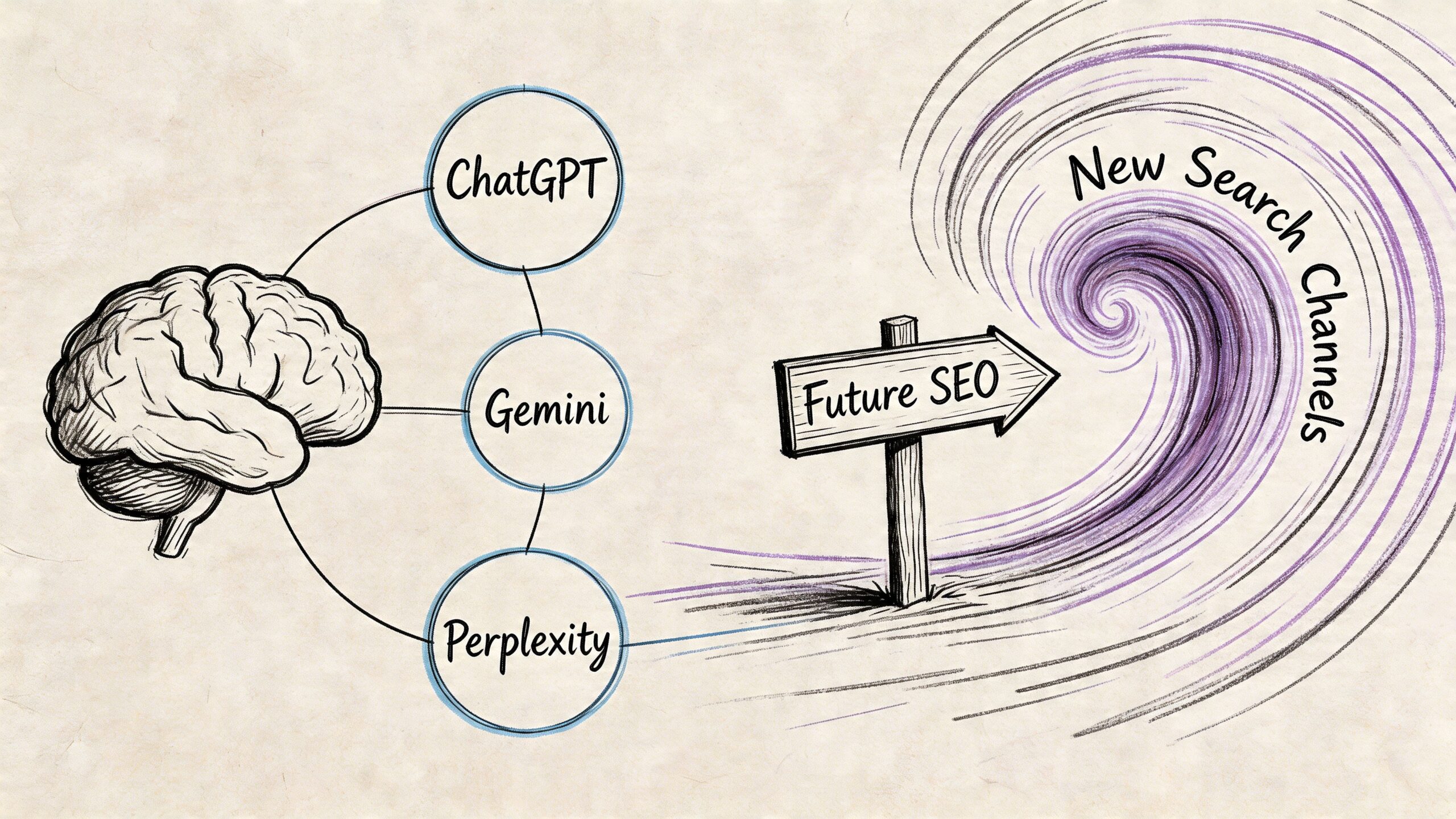 A hand-drawn illustration showing a human brain connected to AI chatbots pointing toward new search channels.