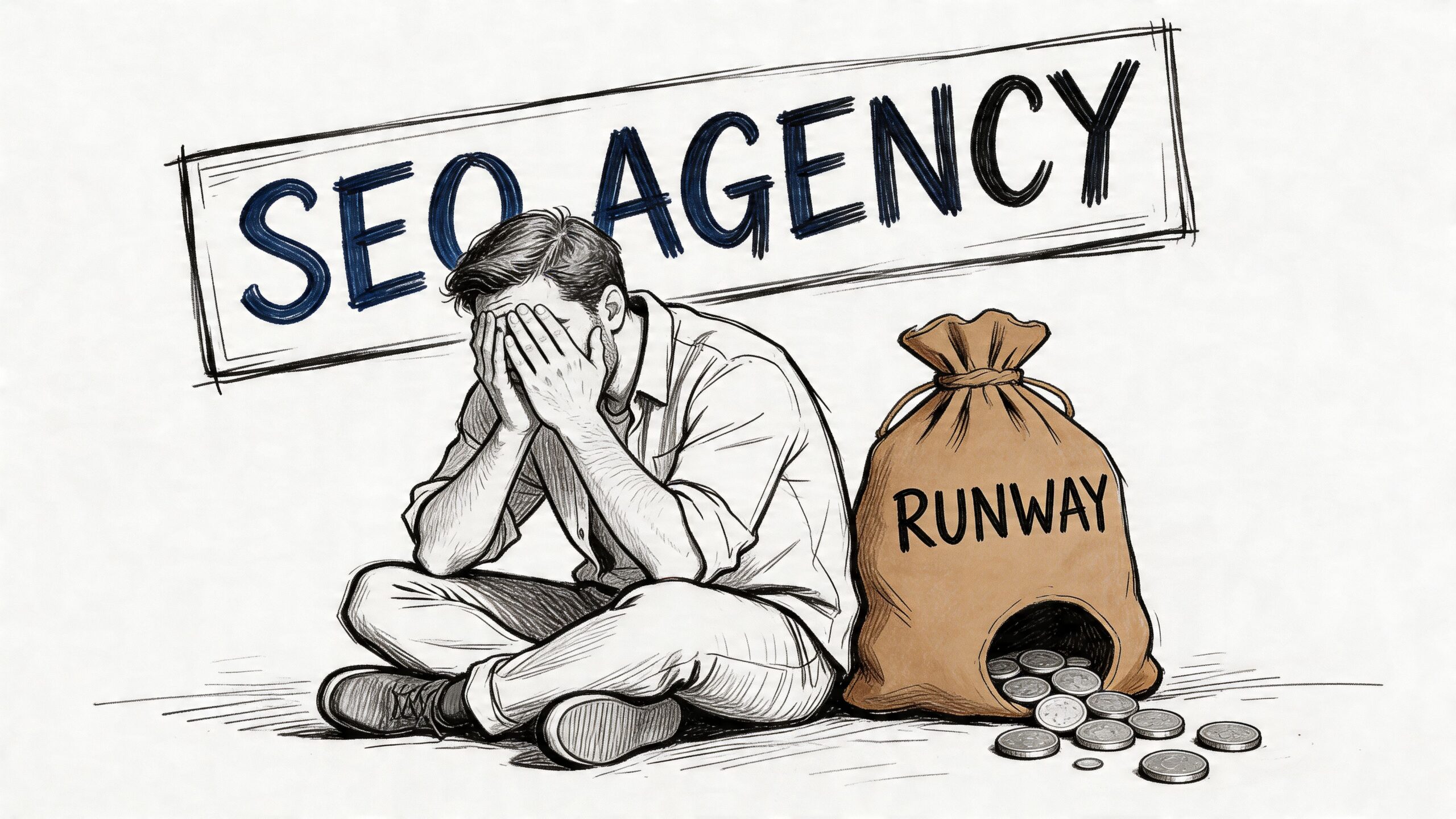 A stressed SEO agency founder sitting on the floor with an empty money bag labeled runway.