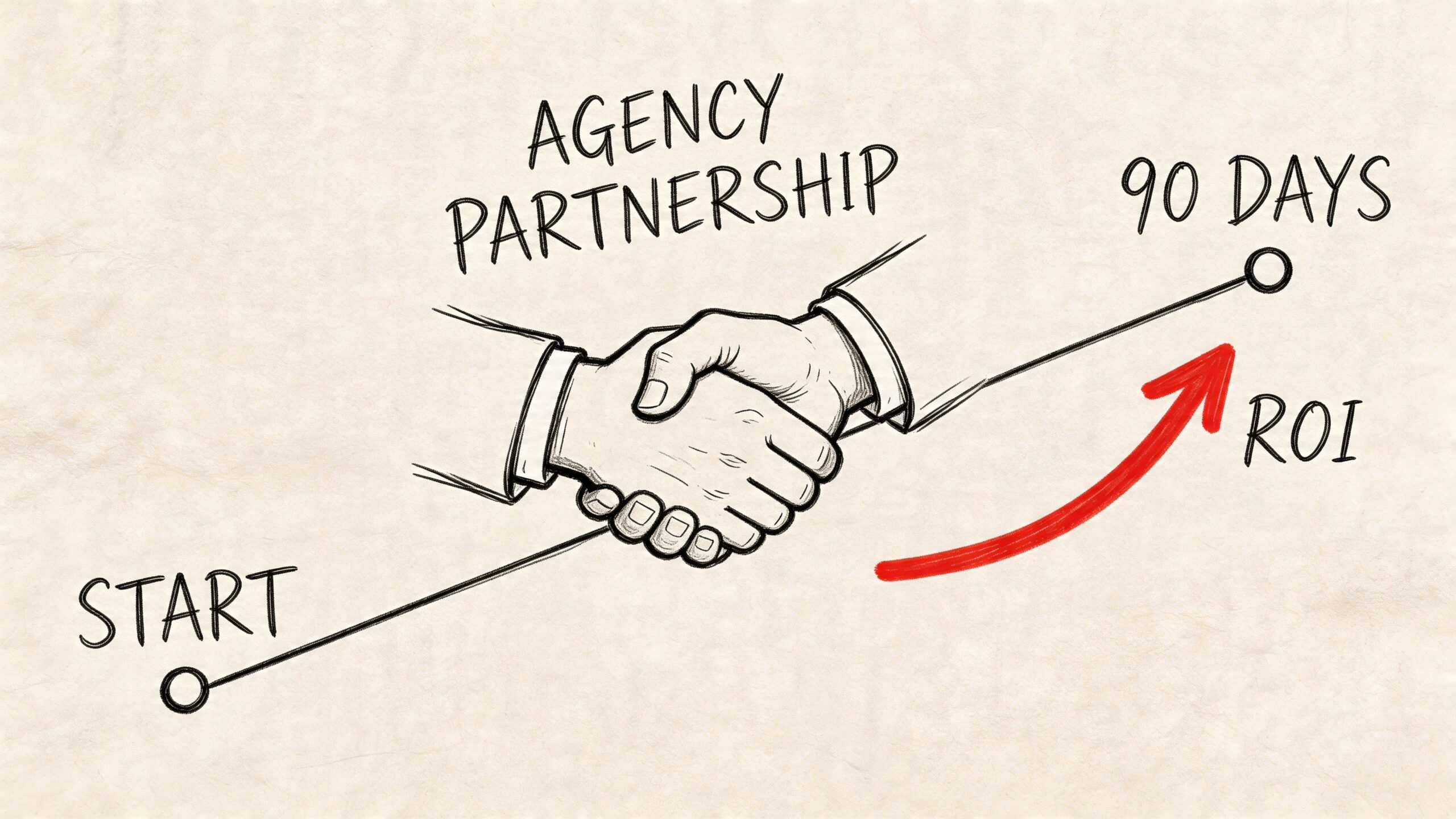 A hand-drawn illustration showing a business handshake between two partners, symbolizing growth and ROI over 90 days.