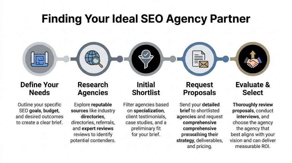 A five-step flowchart showing the process of finding and selecting an ideal SEO agency partner.