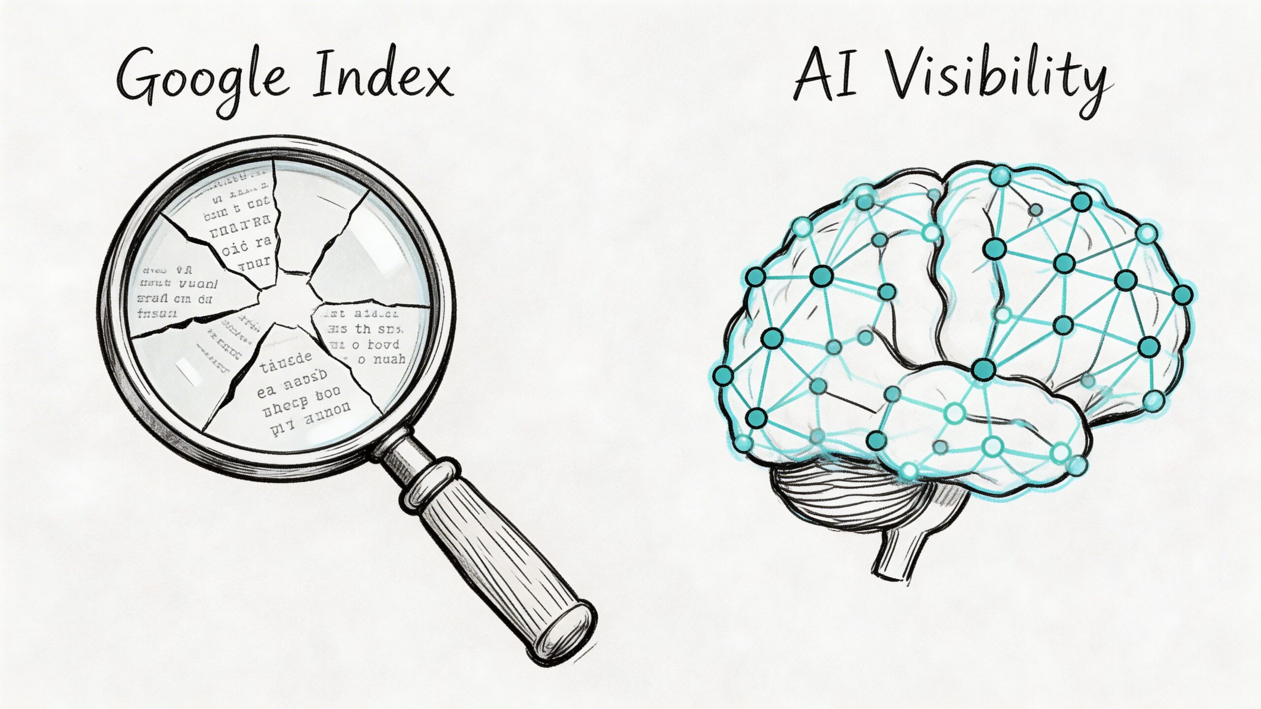 A conceptual illustration comparing traditional Google indexing with modern AI visibility using a magnifying glass and brain.