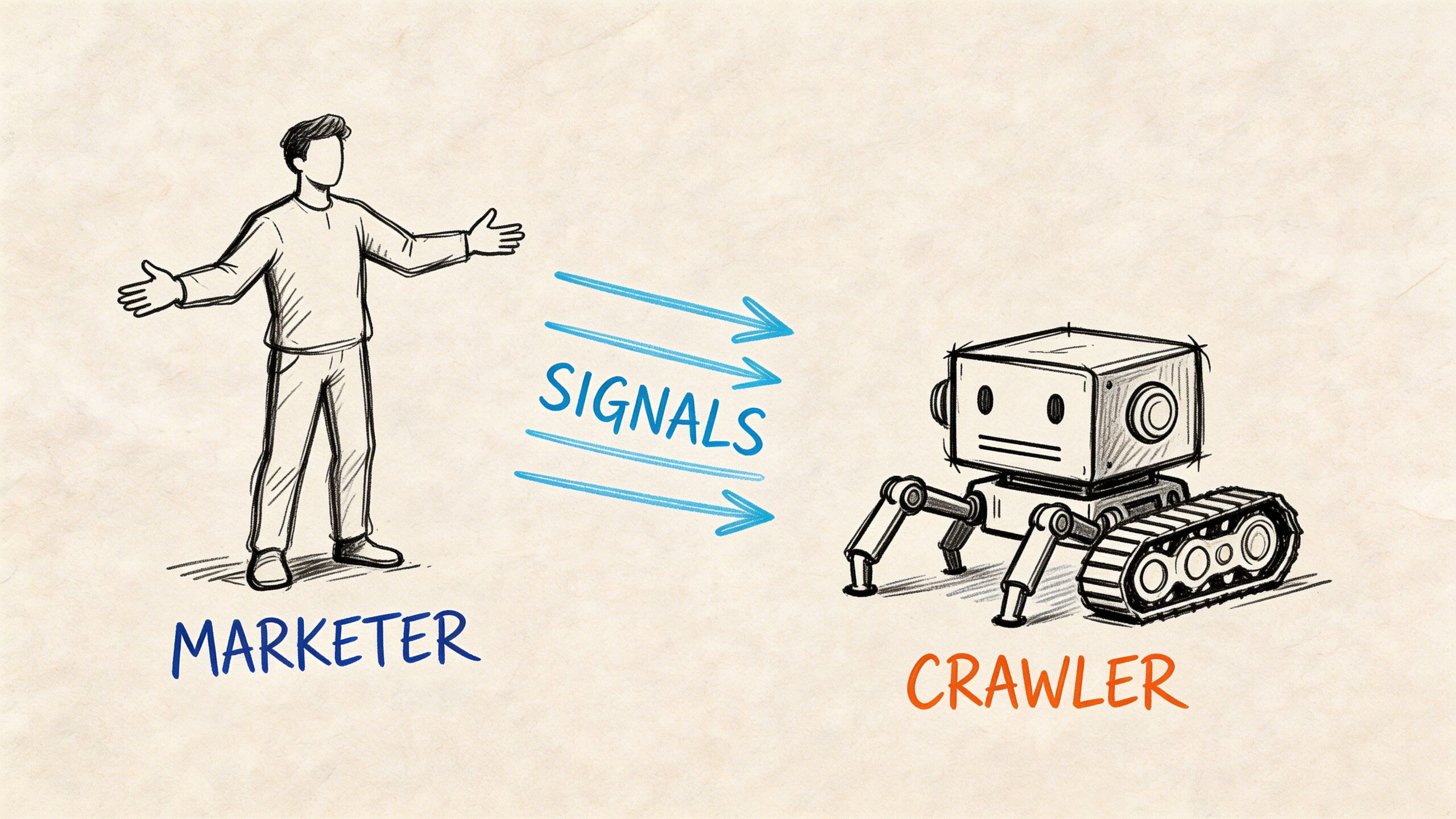 A hand-drawn illustration showing a marketer sending signals to a digital web crawler robot for indexing.