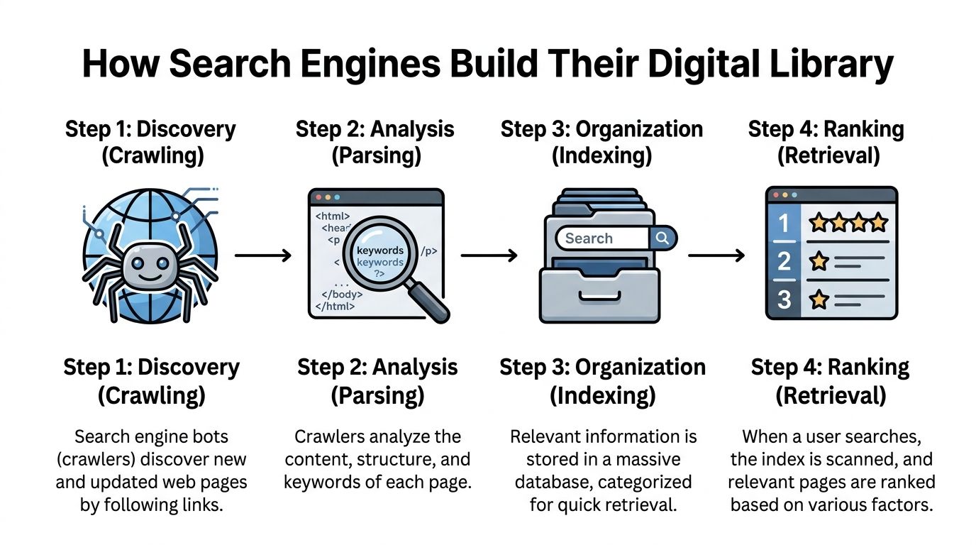 A diagram illustrating the four steps of how search engines build their digital library, crawling, parsing, indexing, and ranking.