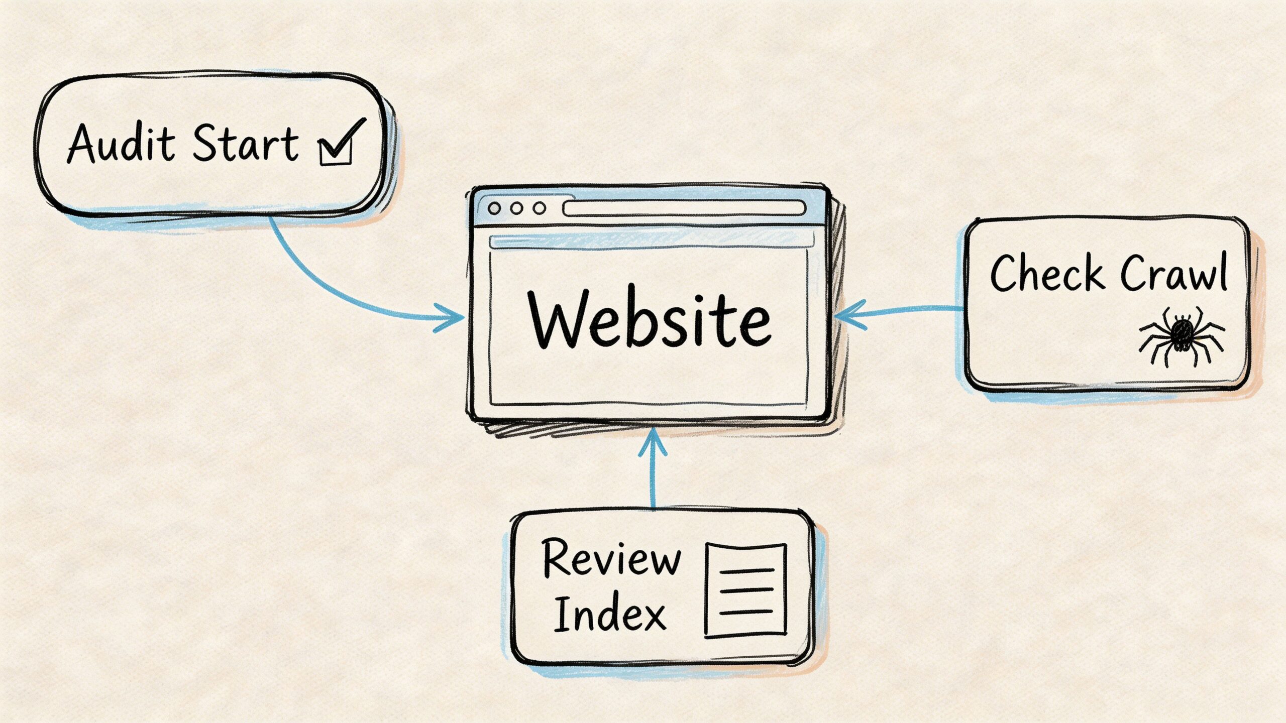 A hand-drawn flowchart showing three processes pointing towards a website icon, representing audit, crawl, and indexing.