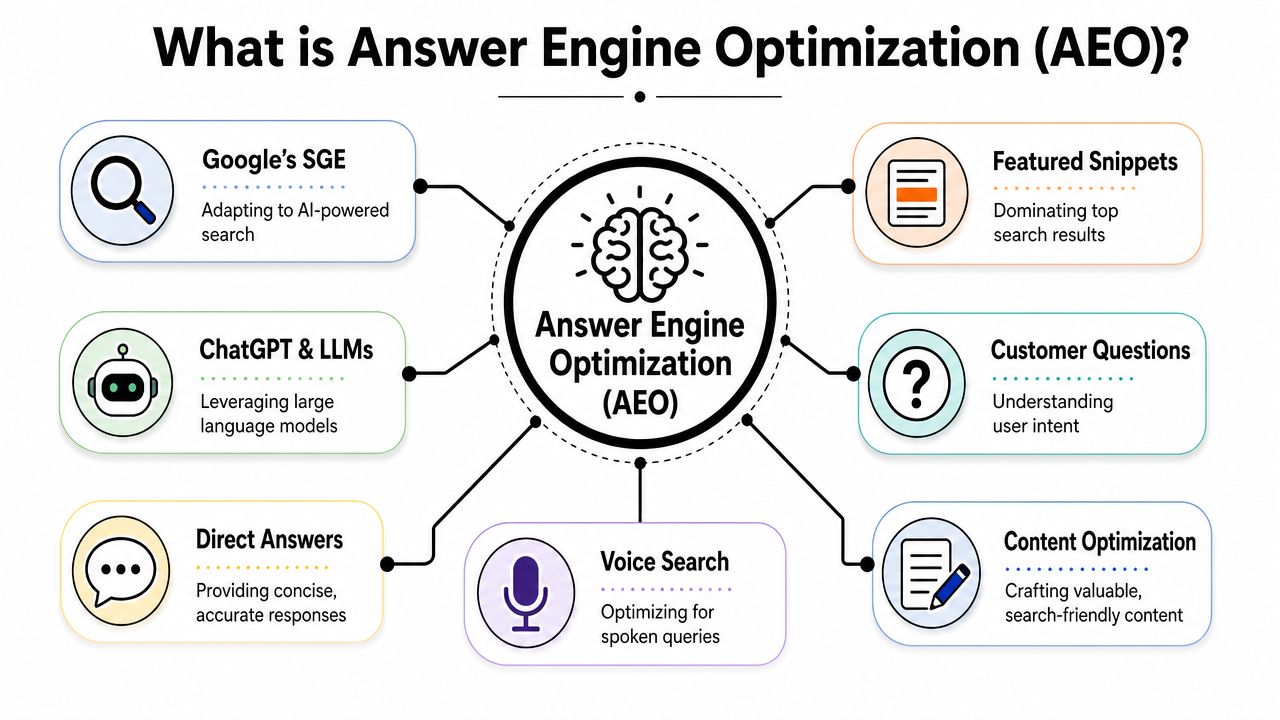 A diagram explaining the core concepts of Answer Engine Optimization, including AI search, voice search, and content strategy.