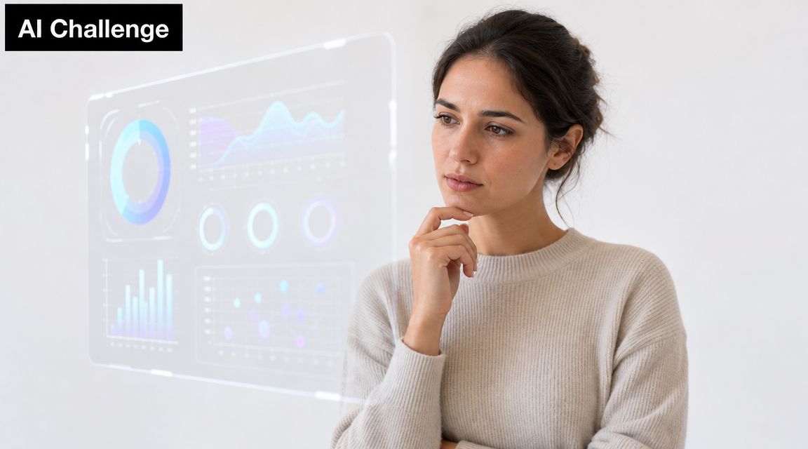 A woman thoughtfully examining a digital hologram display featuring various data charts and analytical graphics.