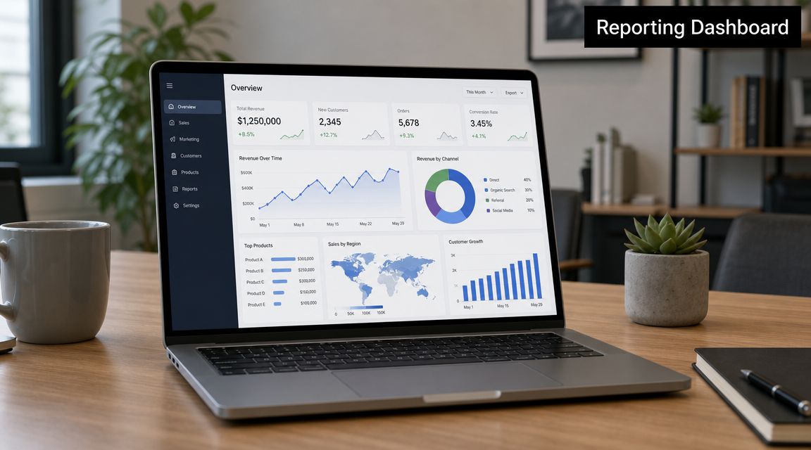 A modern laptop on a wooden desk displaying a professional business analytics reporting dashboard interface.