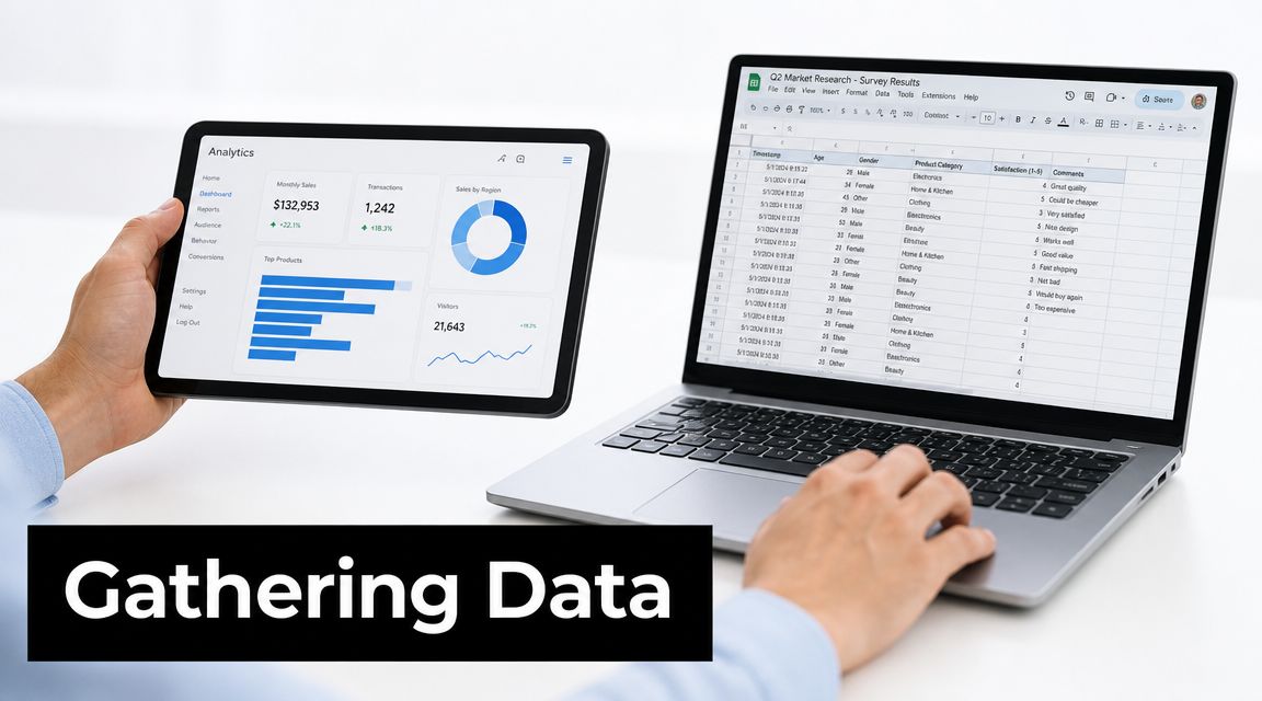 A person holds a tablet with analytics data next to a laptop displaying survey results in spreadsheets.