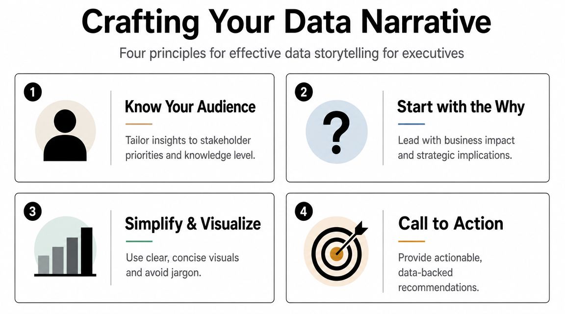 An infographic outlining four key principles for effective executive data storytelling and business communication strategies.