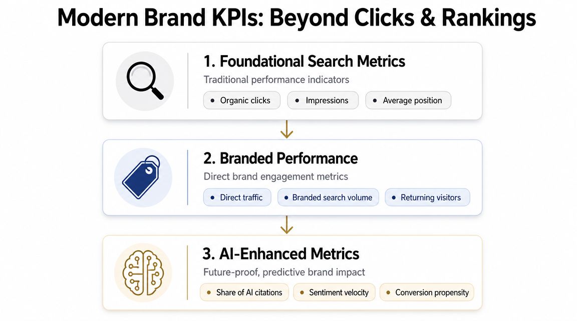 A diagram illustrating a hierarchy of modern brand KPIs for search performance optimization and measurement.