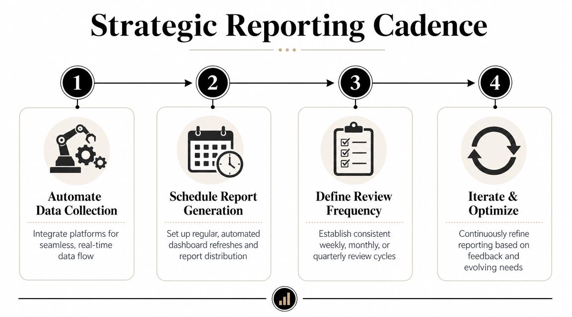 A four-step infographic showing the strategic reporting cadence process including automation, scheduling, frequency, and iteration.