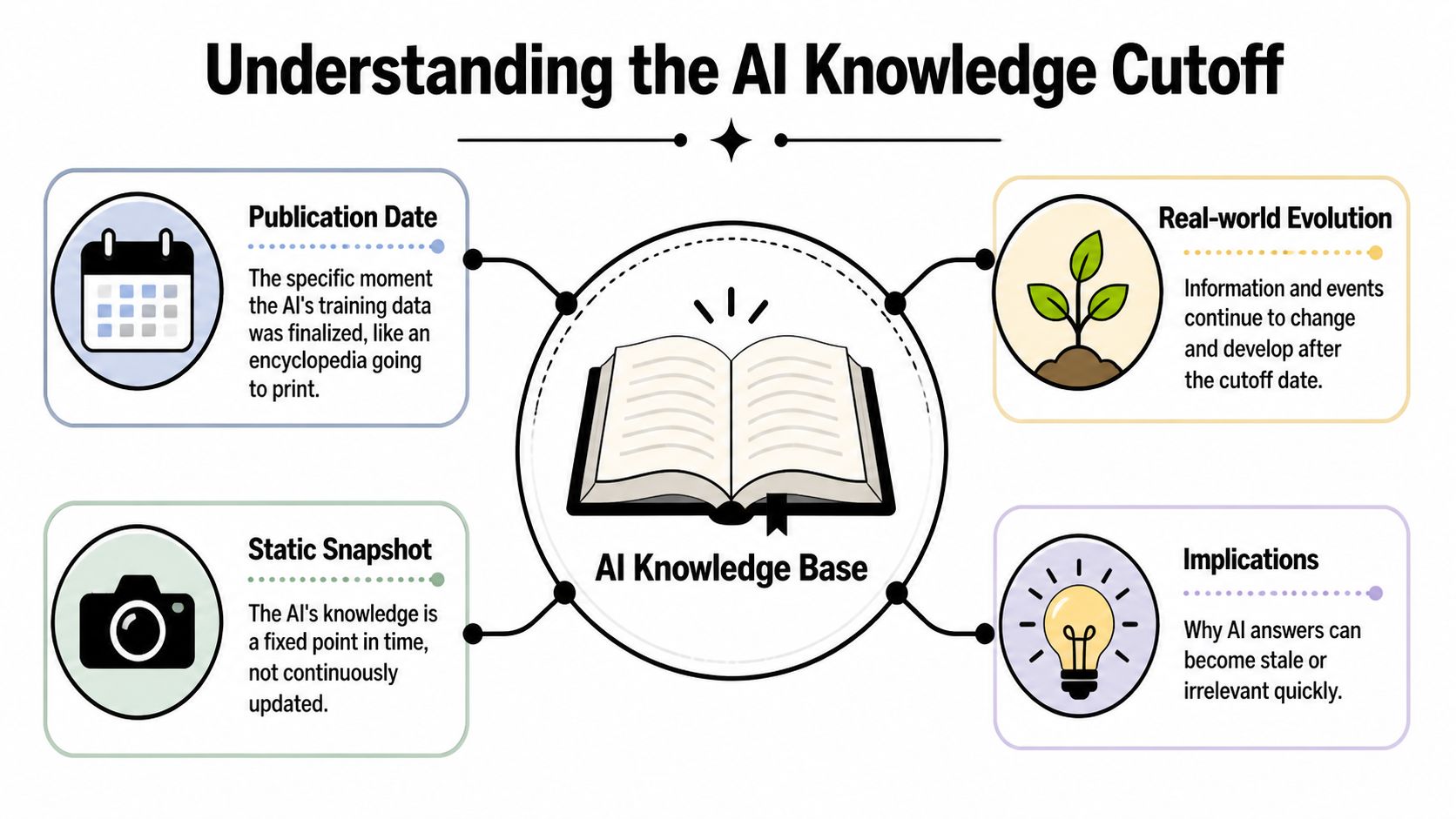 A diagram explaining AI knowledge cutoff dates as static snapshots of information versus real-world evolution.