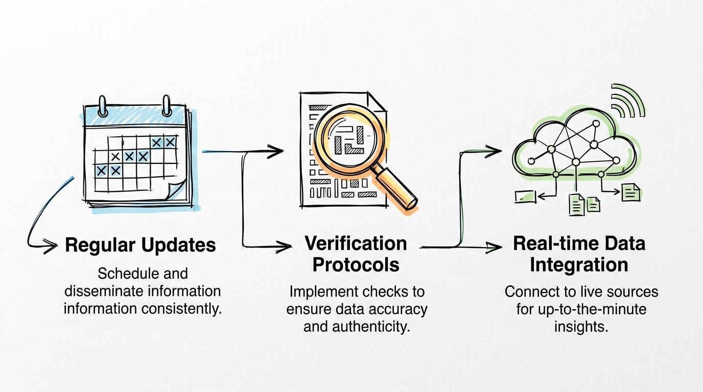 A diagram illustrating a three-step process for updating information: regular updates, verification protocols, and real-time data integration.