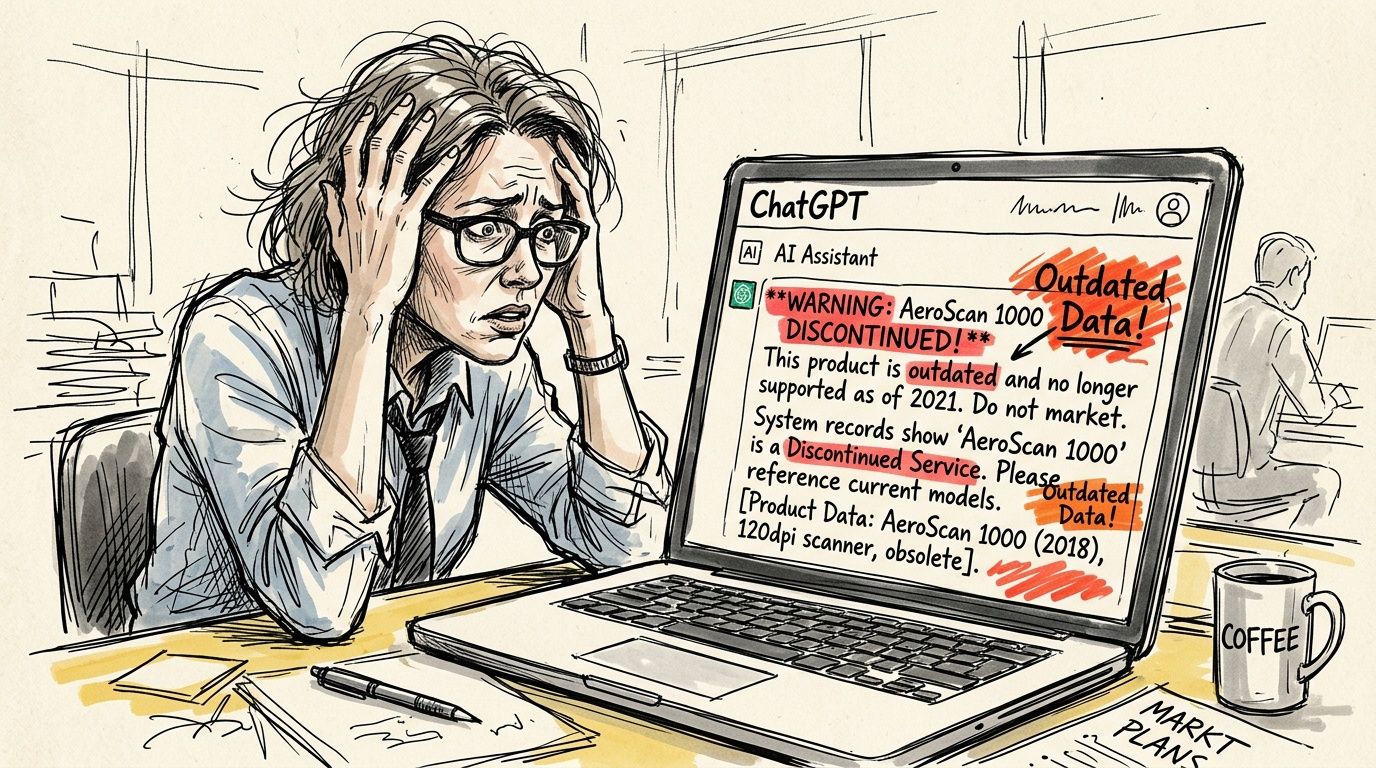 An illustration of a stressed office worker looking at a laptop displaying a ChatGPT warning about outdated data.
