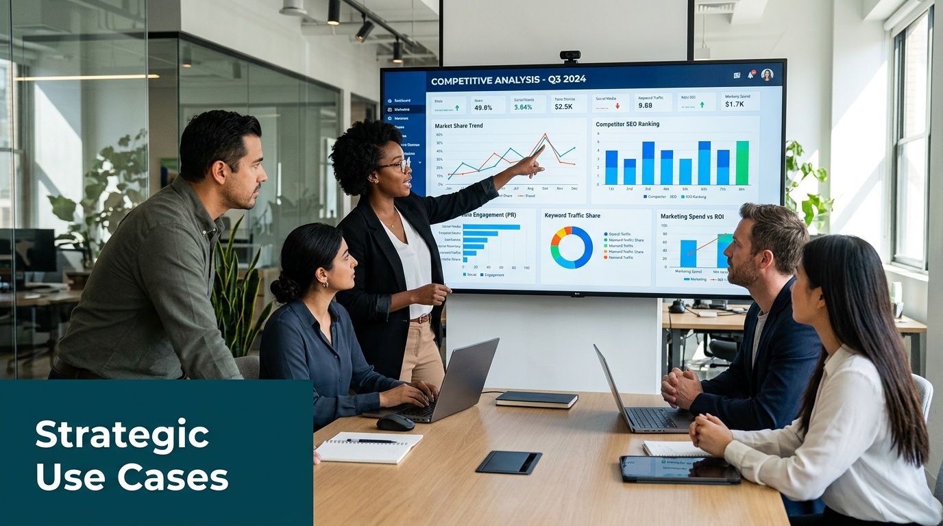 A professional team reviewing competitive market analysis data on a large digital screen in an office.