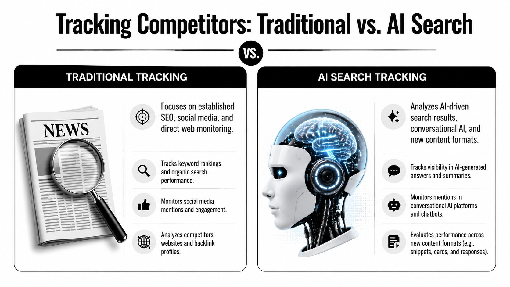 A comparison infographic between traditional competitor tracking methods and modern AI-driven search tracking strategies for business.