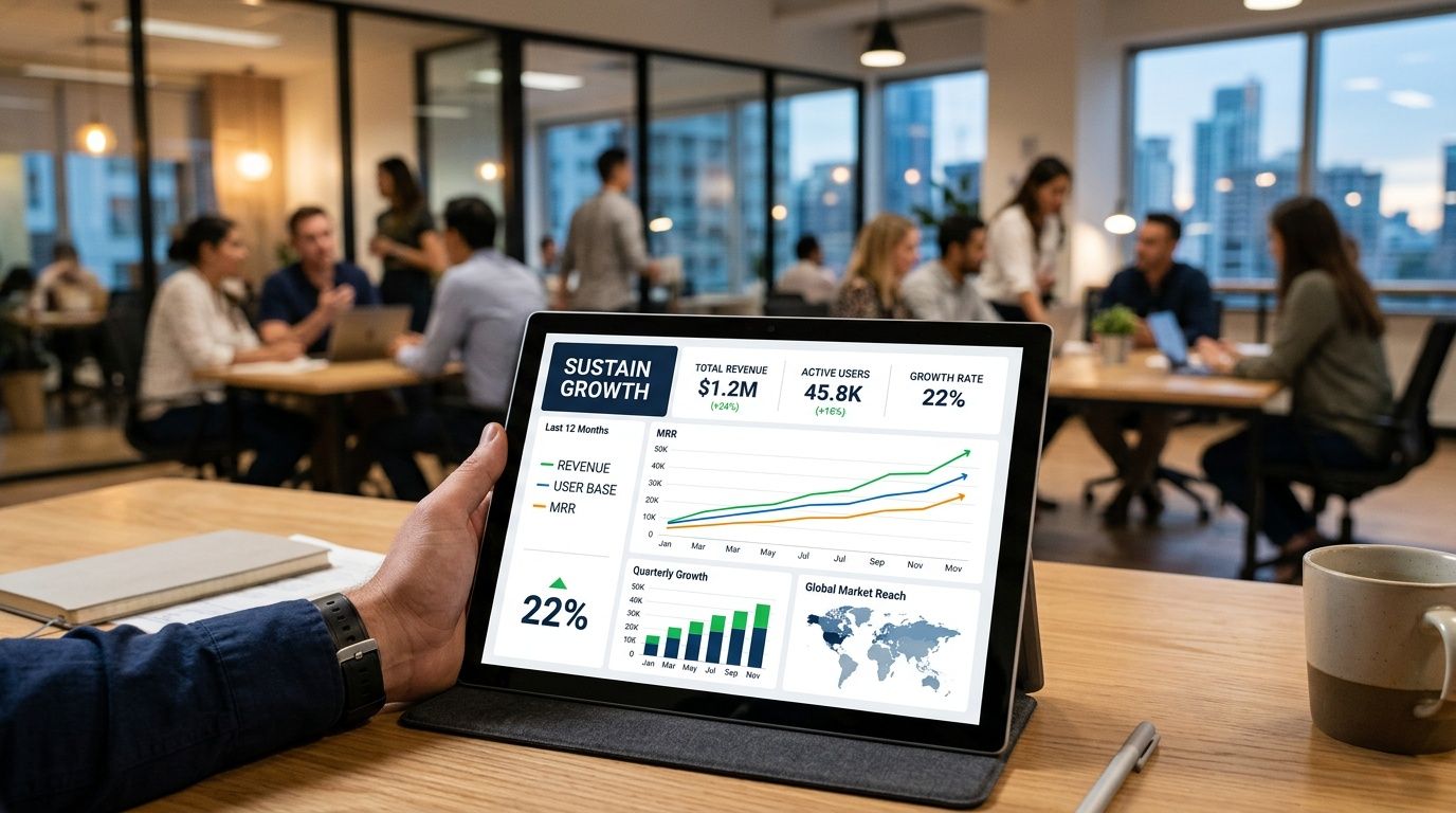 A professional analyzing a digital dashboard displaying business growth analytics and market performance on a tablet screen.