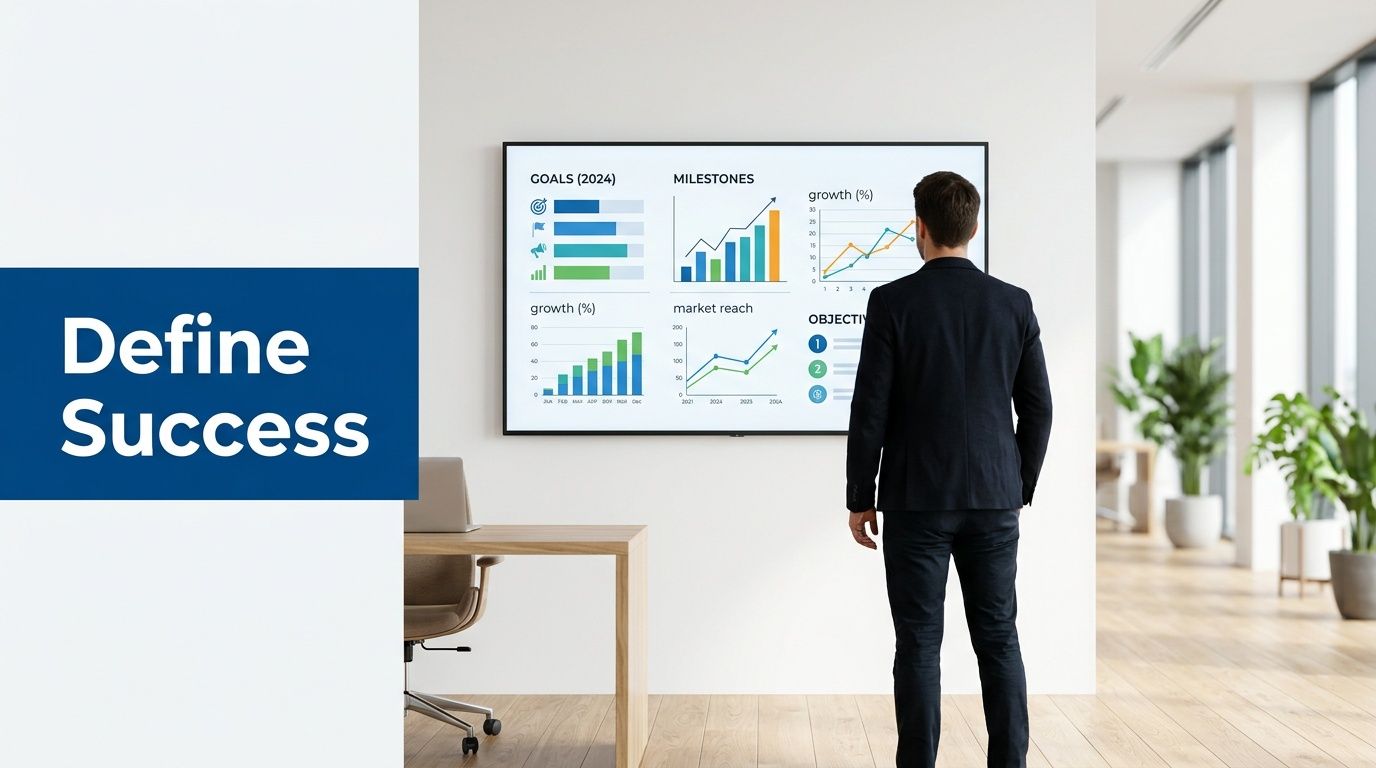 A professional man standing in an office looking at a large wall display showing business analytics dashboard.