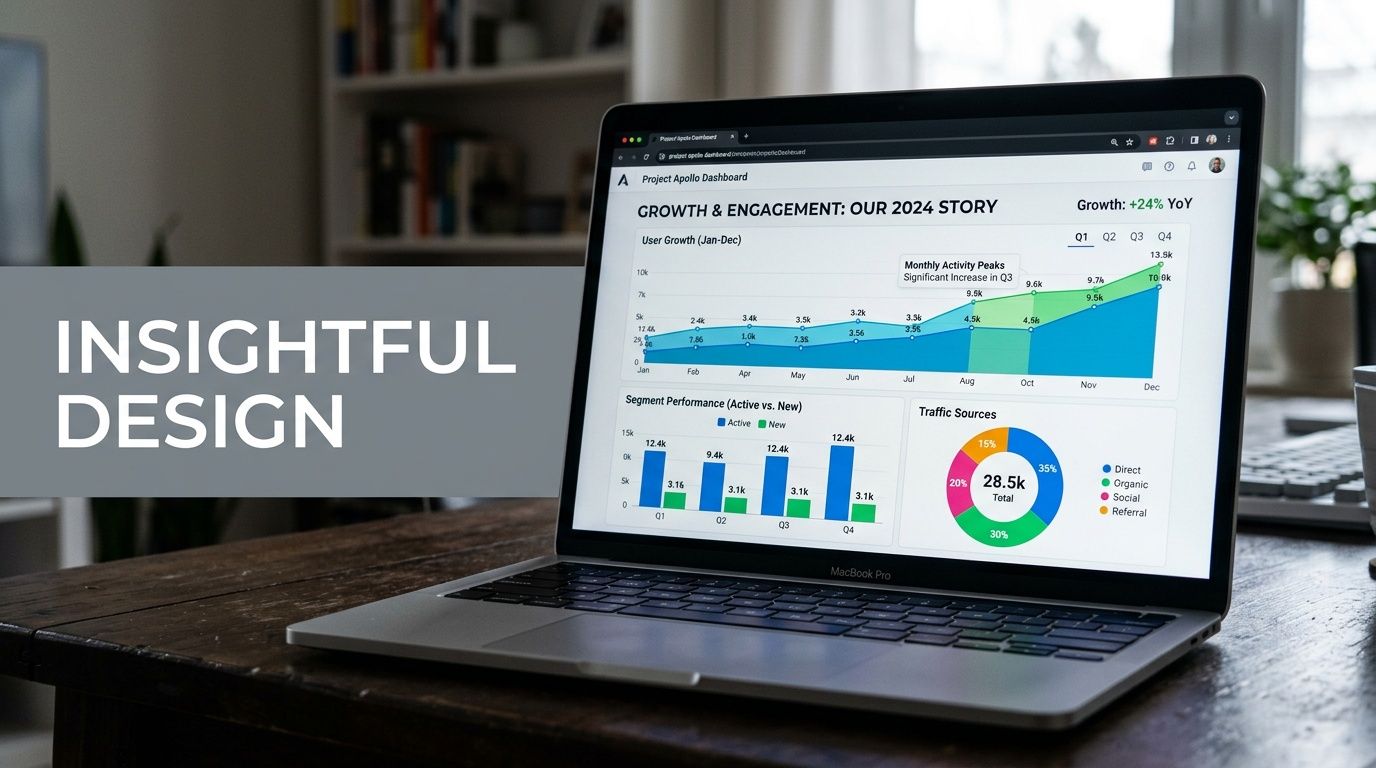 A modern MacBook Pro displaying a project dashboard with growth charts and data visualization statistics.