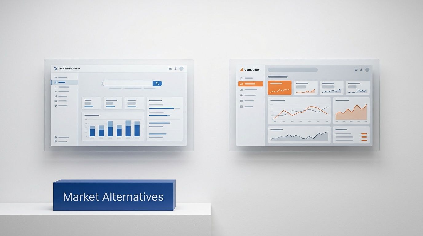 A digital representation comparing The Search Monitor interface to a competitor dashboard for market analysis.