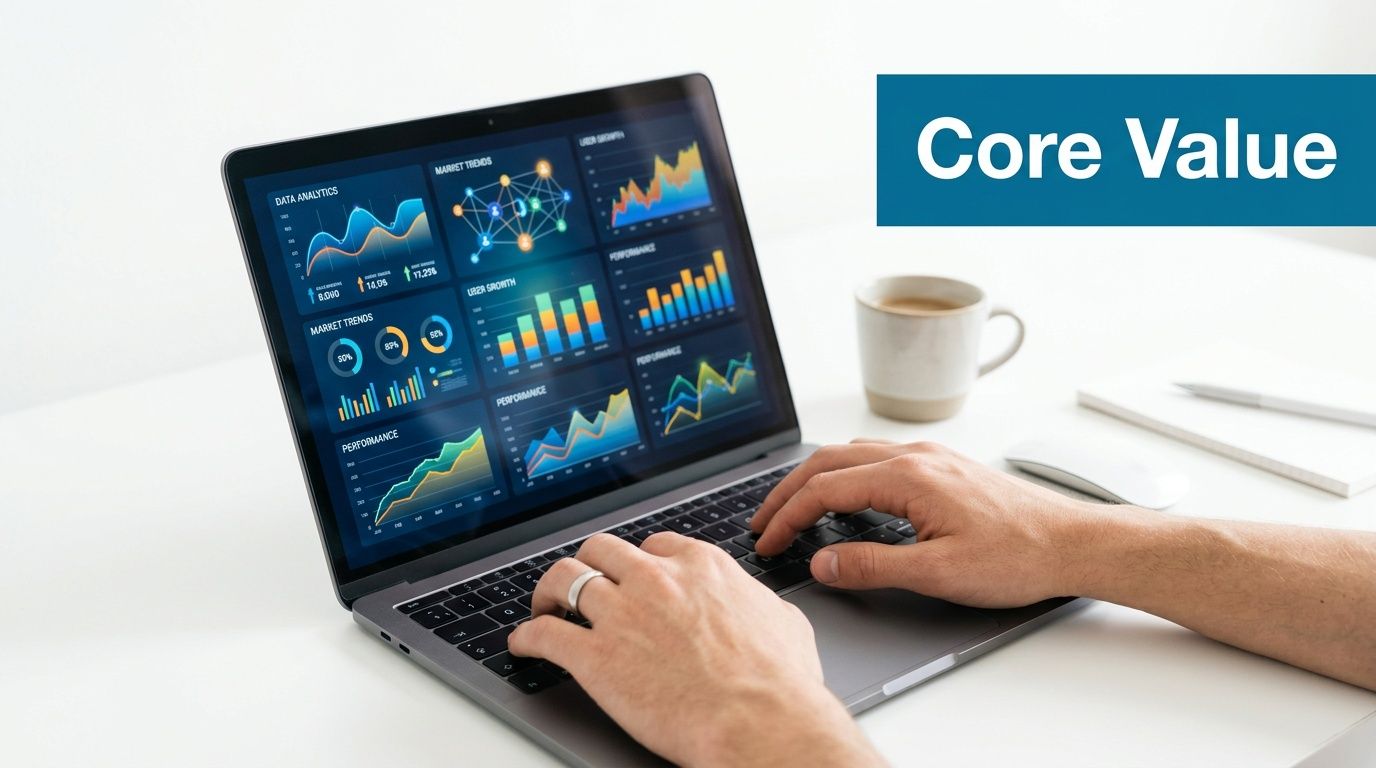A person working on a laptop displaying business analytics charts and graphs in an office setting.
